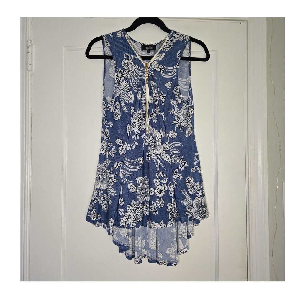 Papillon Floral Tunic Top Womens S Blue White Sleeveless Zipper Tassel